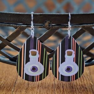 Hand Crafted Black Earrings with Purple, Green, Orange & Pink Stripes